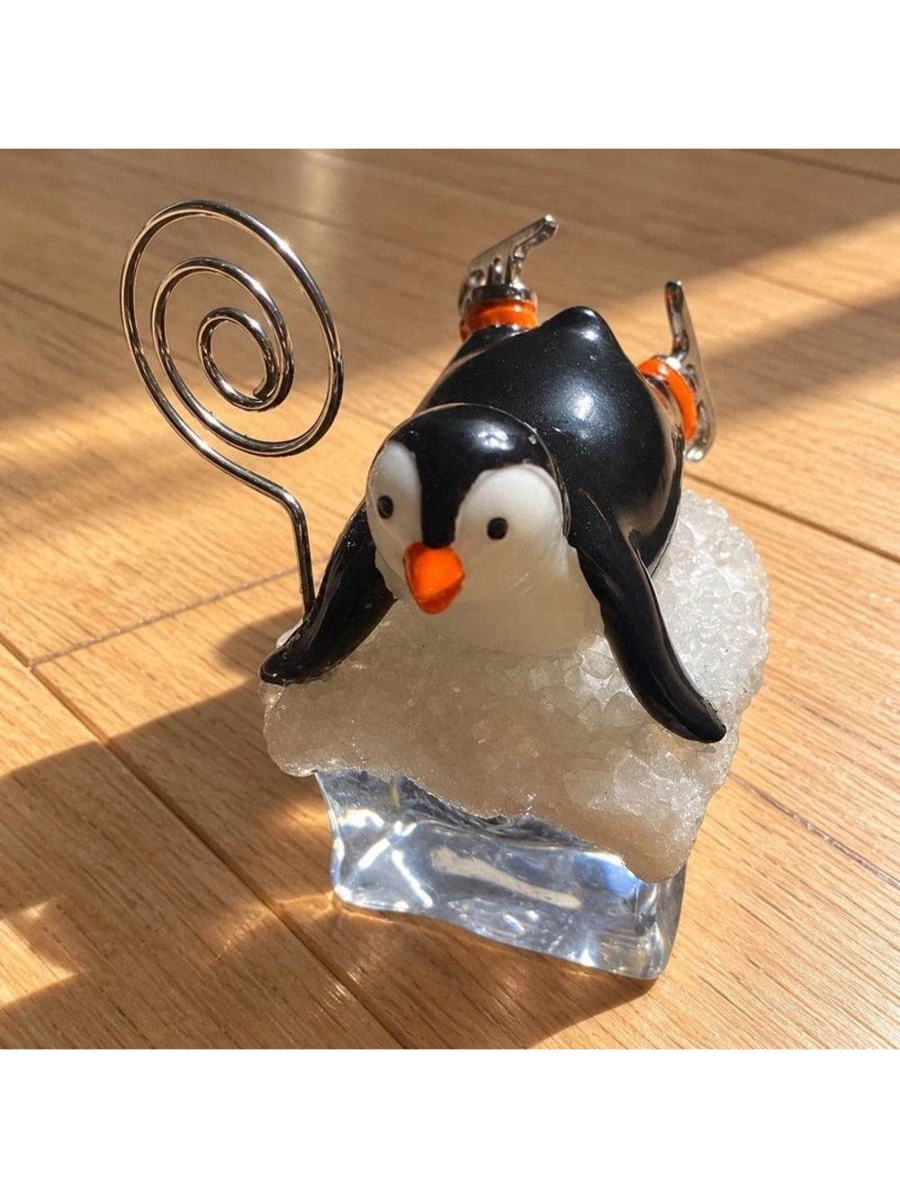 Vintage 90s Penguin Ice Skating Figurine Photo Memo Holder Christmas Decor
